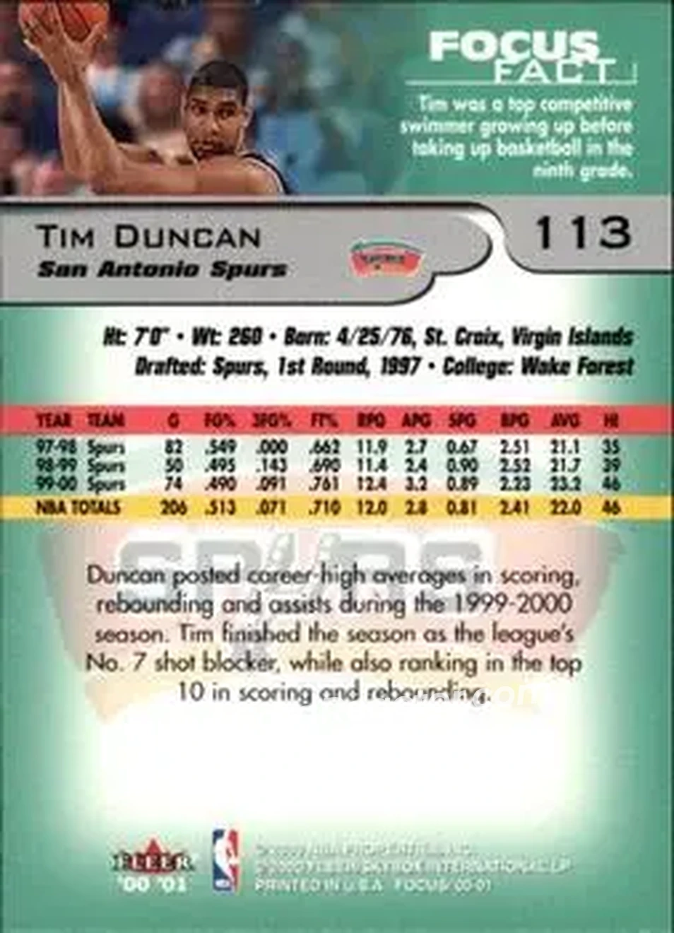 2000-01 Fleer Focus #113 - Tim Duncan - San Antonio Spurs - Back
