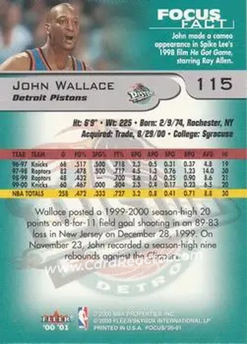 2000-01 Fleer Focus #115 - John Wallace - Detroit Pistons - Back