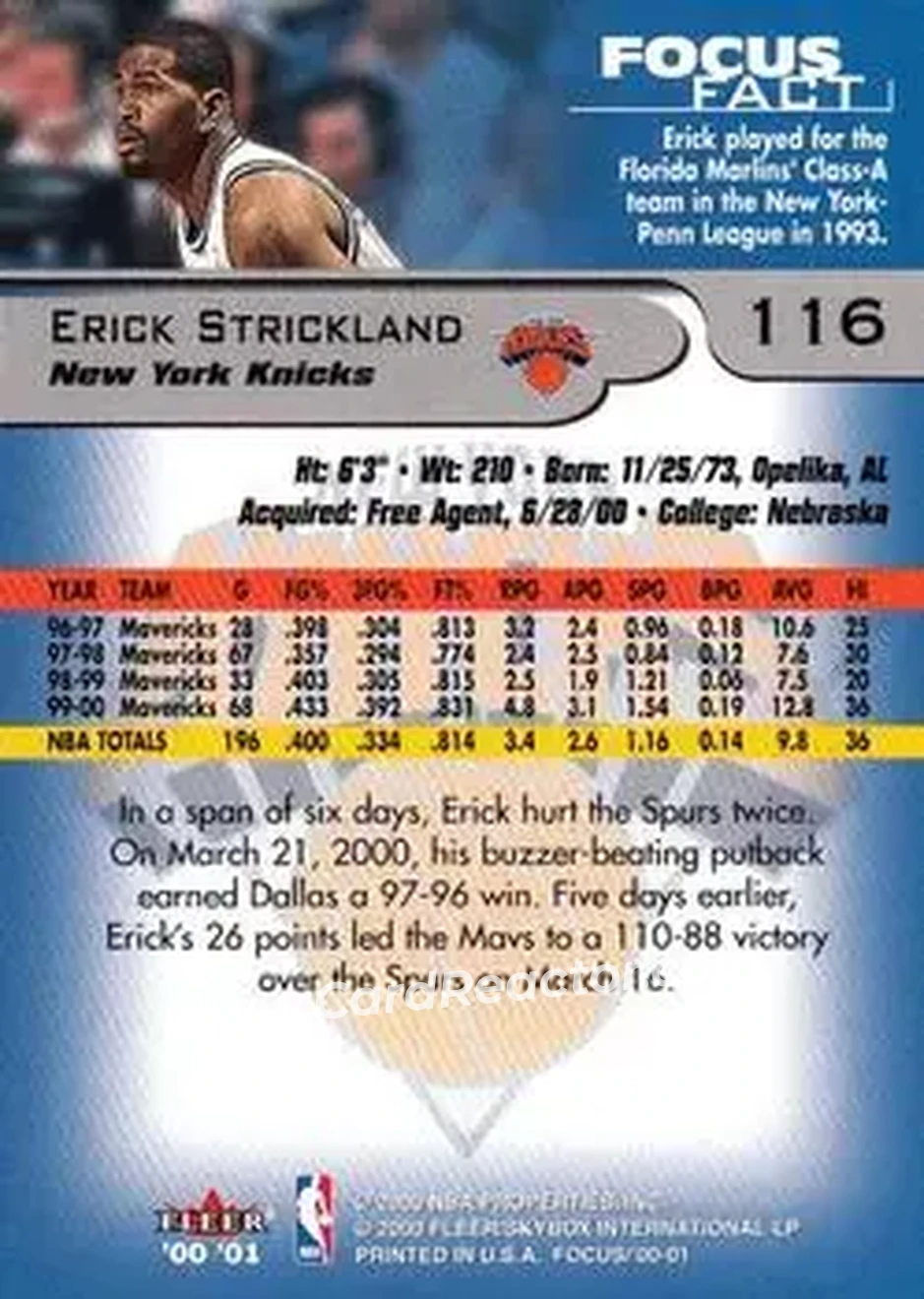2000-01 Fleer Focus #116 - Erick Strickland - New York Knicks - Back