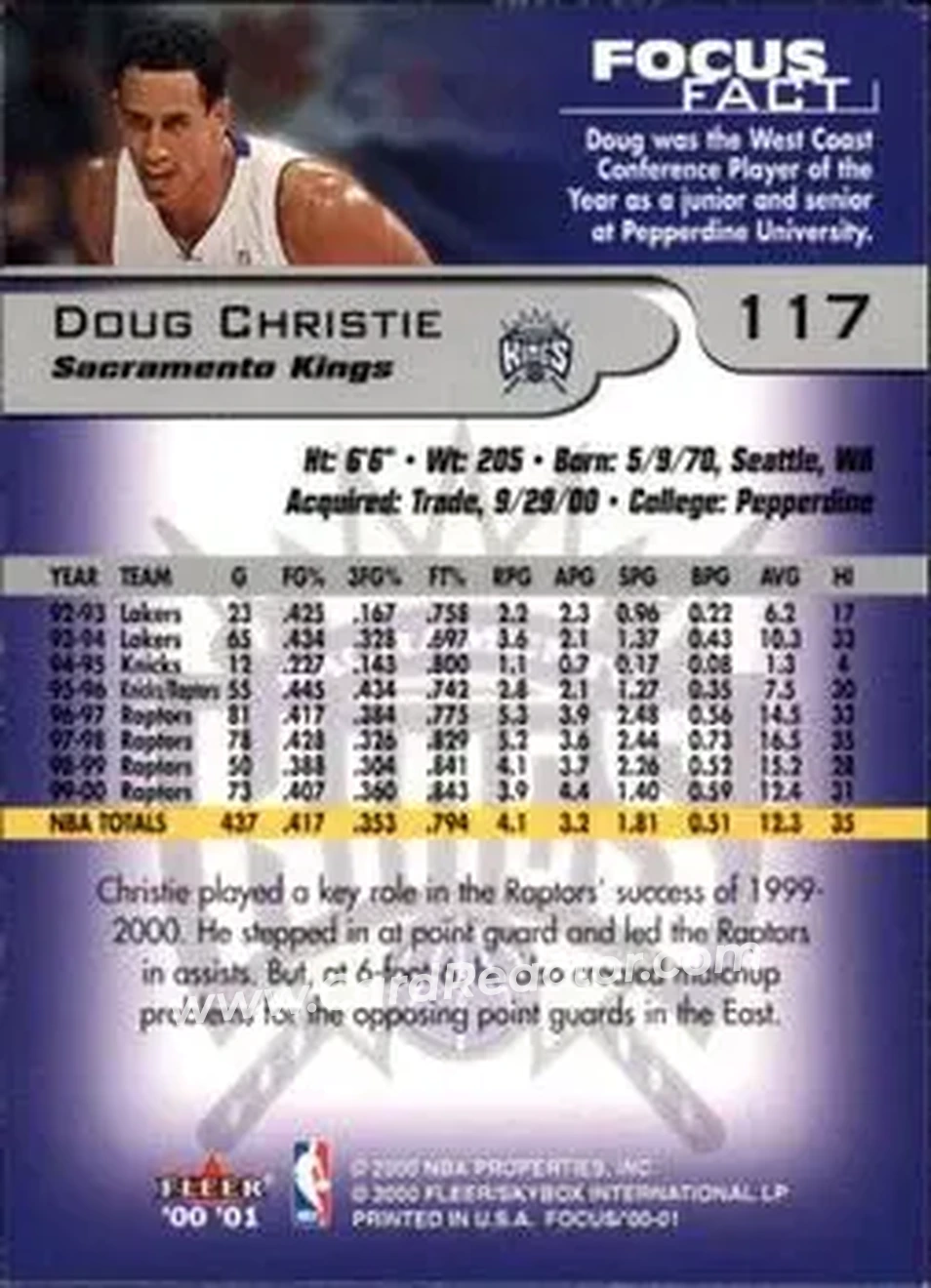 2000-01 Fleer Focus #117 - Doug Christie - Sacramento Kings - Back