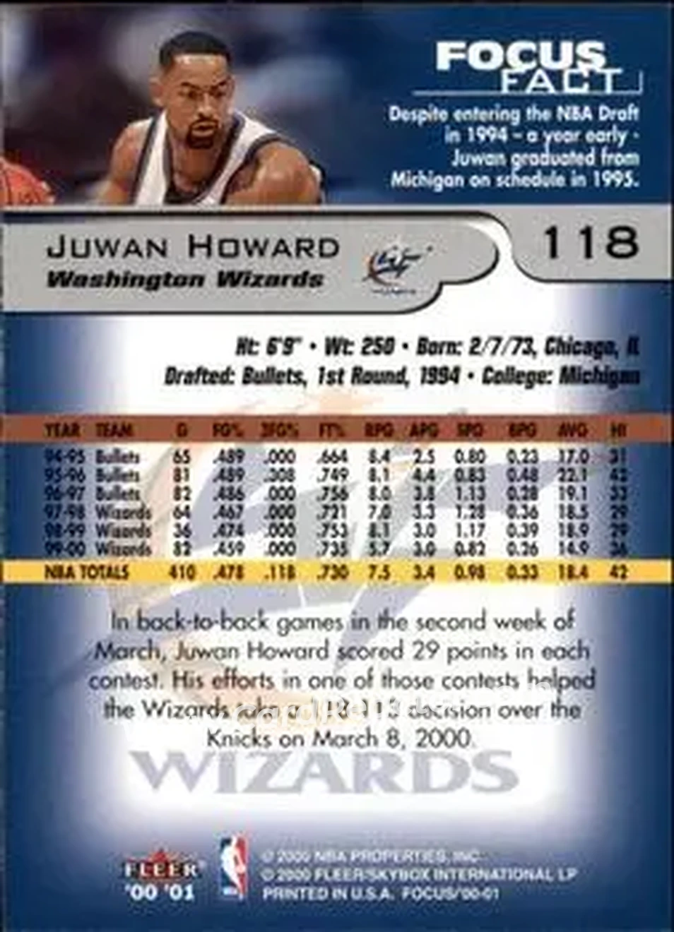 2000-01 Fleer Focus #118 - Juwan Howard - Washington Wizards - Back 2000-01 Fleer Focus #118 - Juwan Howard - Washington Wizards - Back