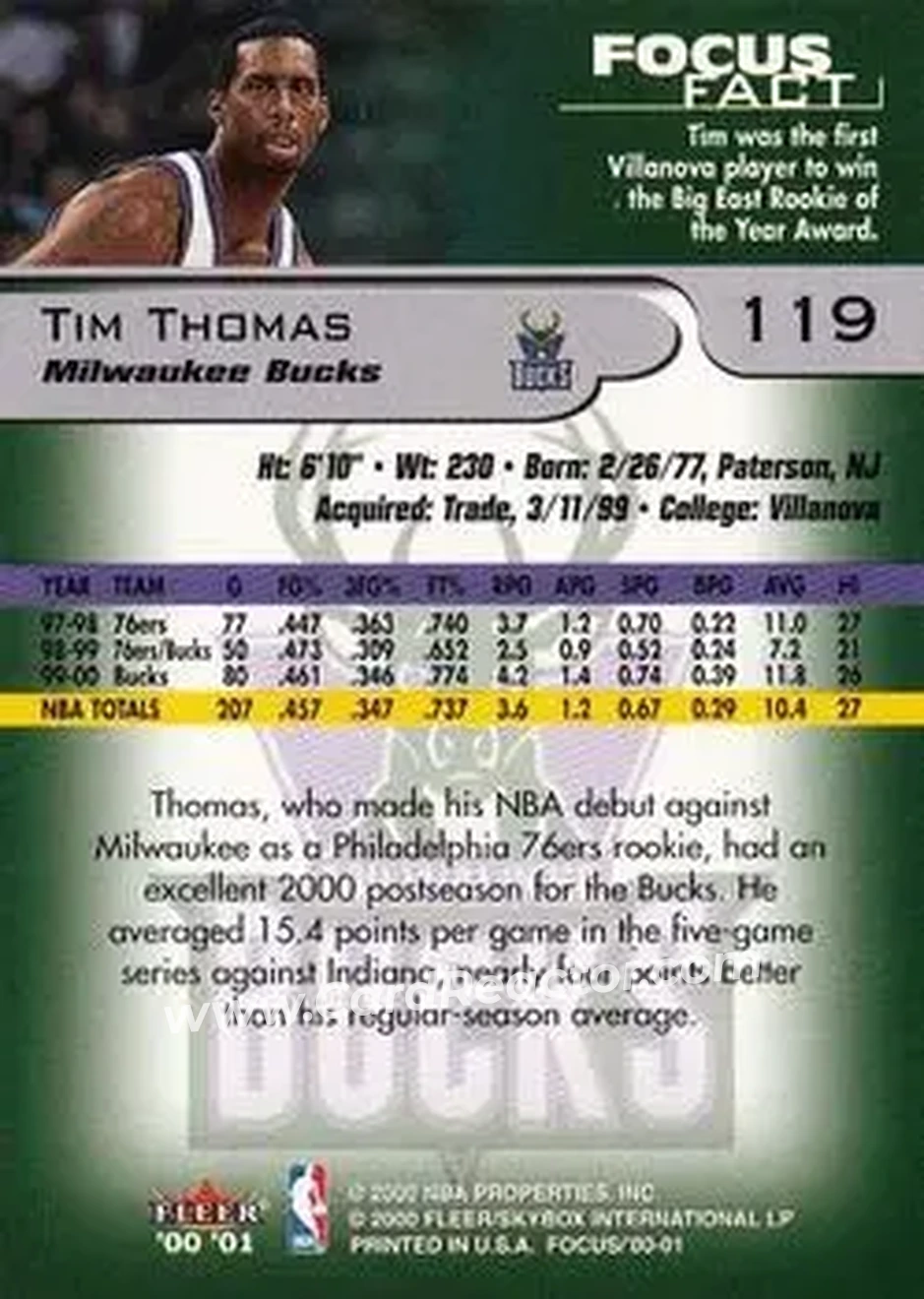 2000-01 Fleer Focus #119 - Tim Thomas - Milwaukee Bucks - Back