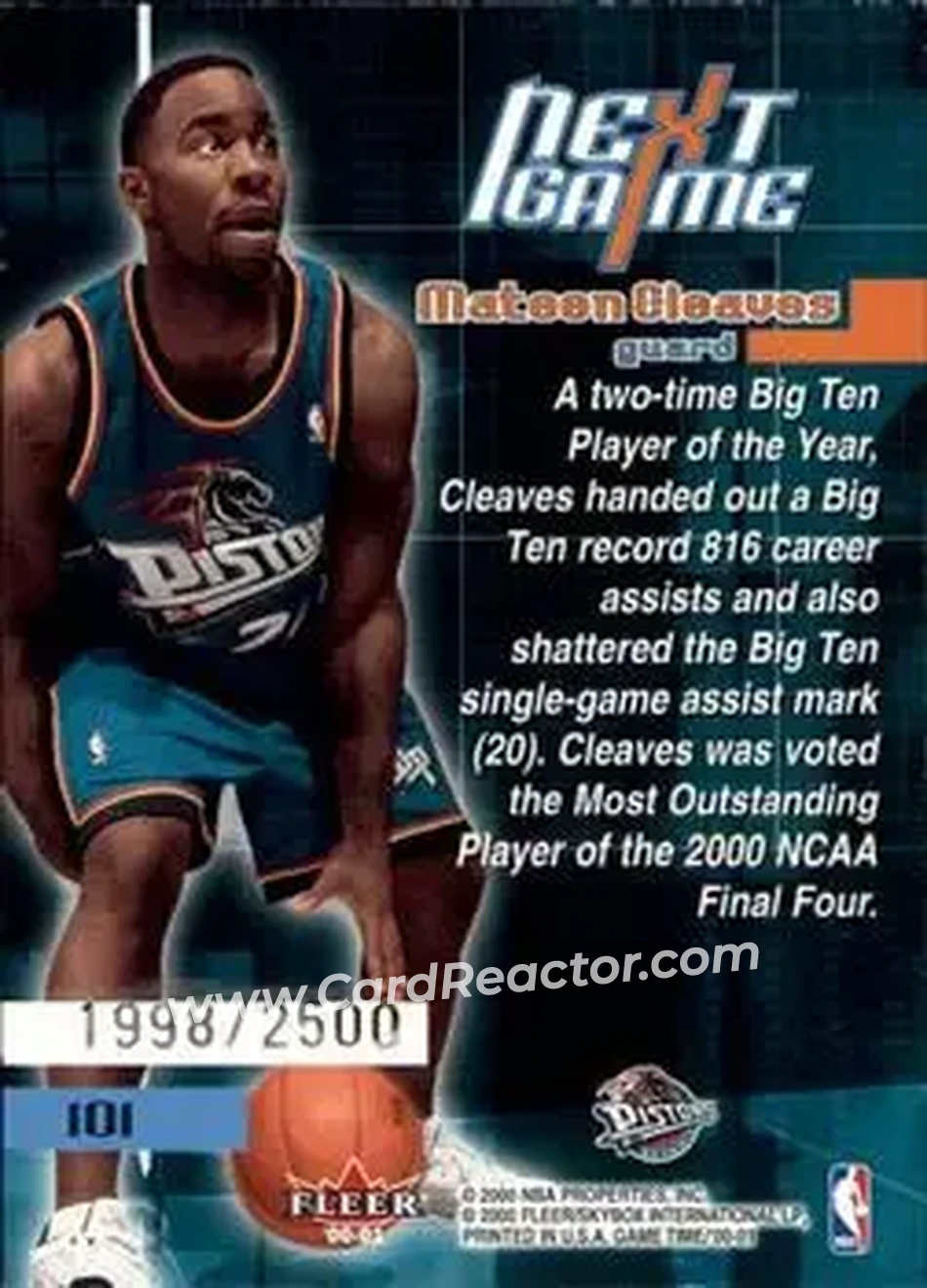 2000-01 Fleer Game Time #101 - Mateen Cleaves - Detroit Pistons - Back