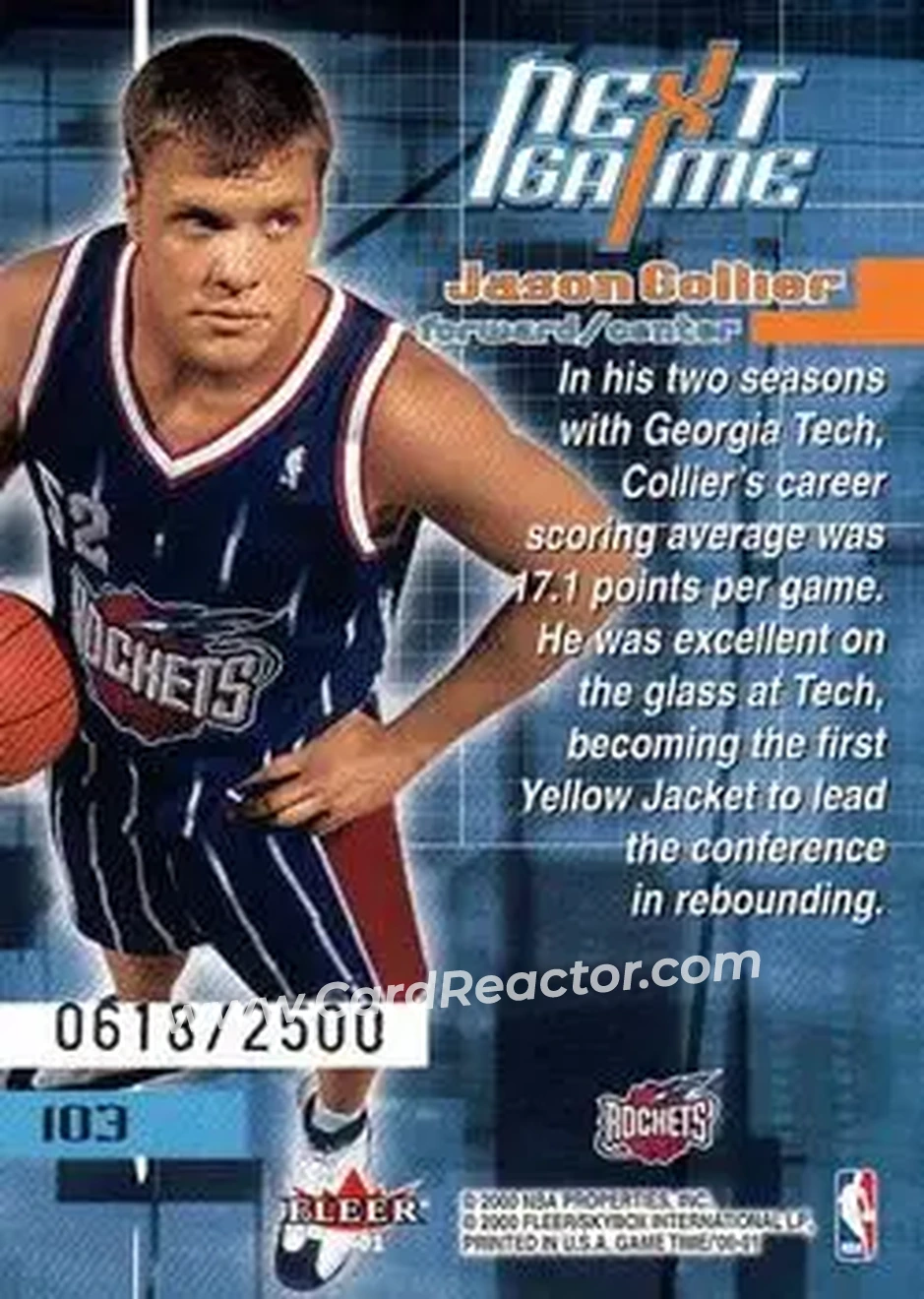2000-01 Fleer Game Time #103 - Jason Collier - Houston Rockets - Back