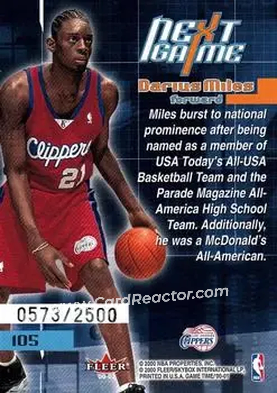 2000-01 Fleer Game Time #105 - Darius Miles - Los Angeles Clippers - Back 2000-01 Fleer Game Time #105 - Darius Miles - Los Angeles Clippers - Back