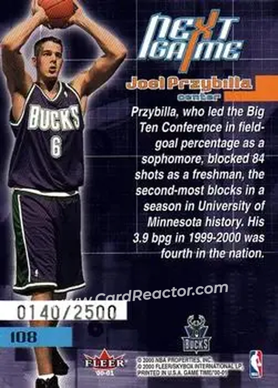 2000-01 Fleer Game Time #108 - Joel Przybilla - Milwaukee Bucks - Back