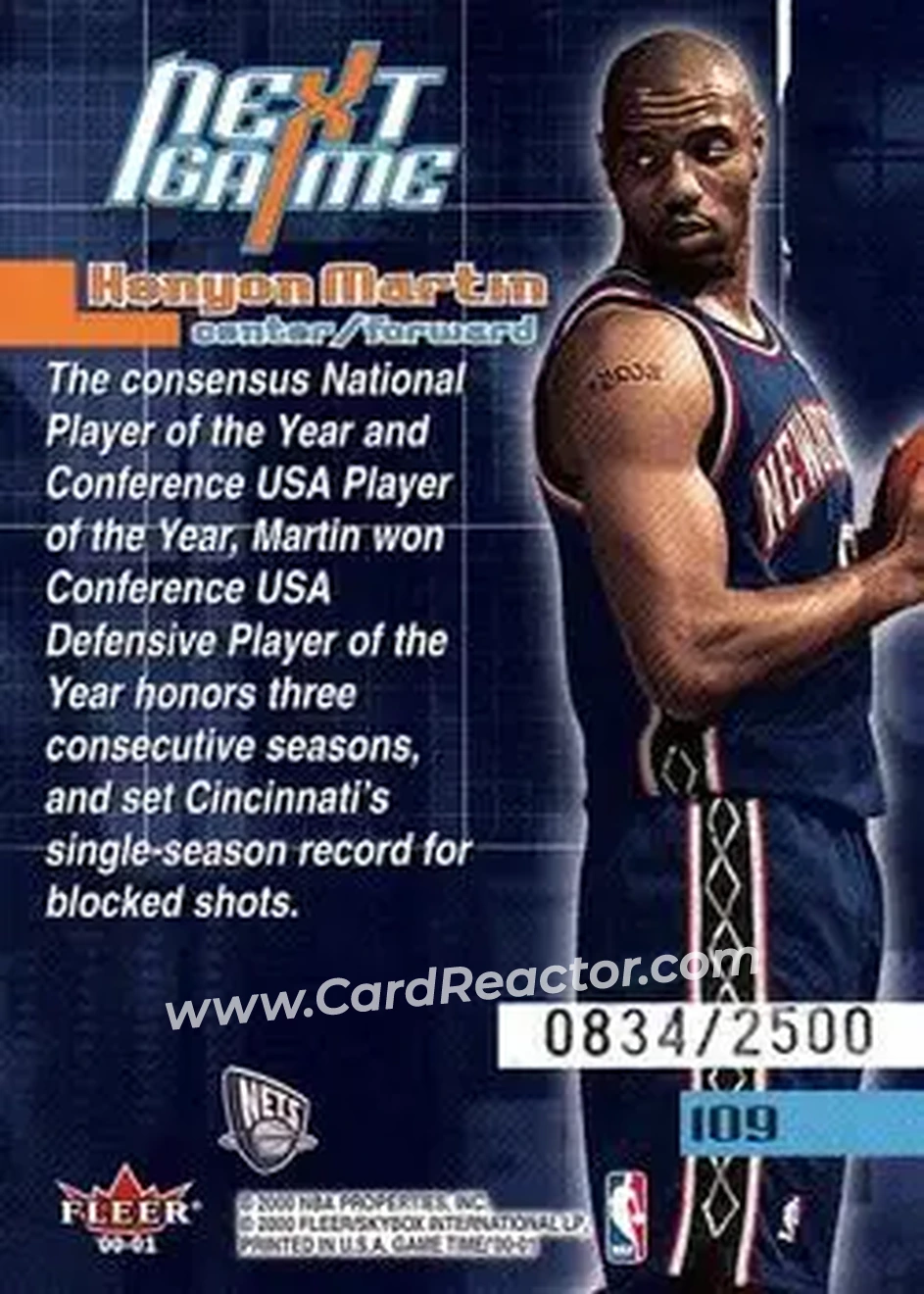 2000-01 Fleer Game Time #109 - Kenyon Martin - New Jersey Nets - Back