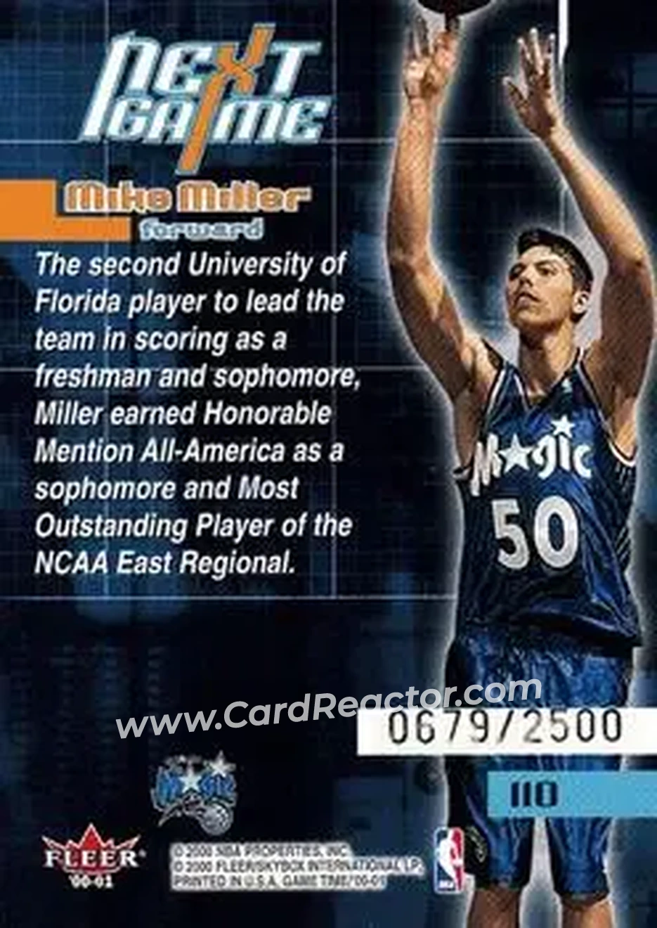 2000-01 Fleer Game Time #110 - Mike Miller - Orlando Magic - Back