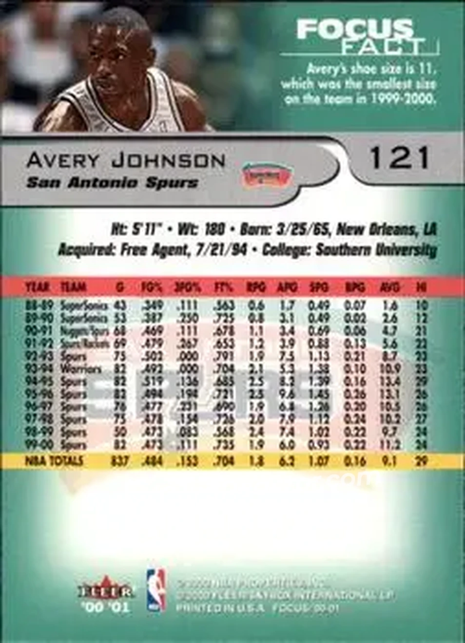 2000-01 Fleer Focus #121 - Avery Johnson - San Antonio Spurs - Back