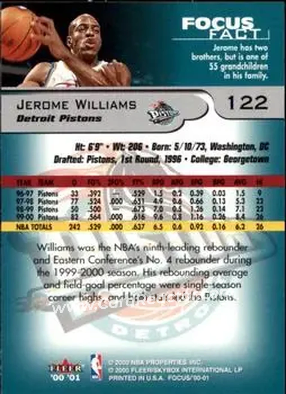 2000-01 Fleer Focus #122 - Jerome Williams - Detroit Pistons - Back