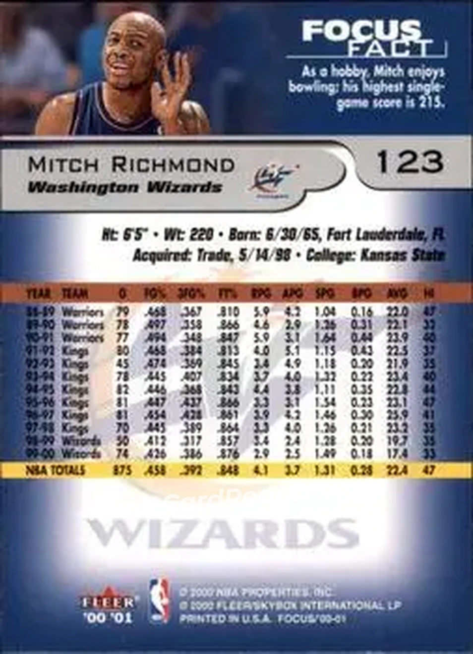 2000-01 Fleer Focus #123 - Mitch Richmond - Washington Wizards - Back