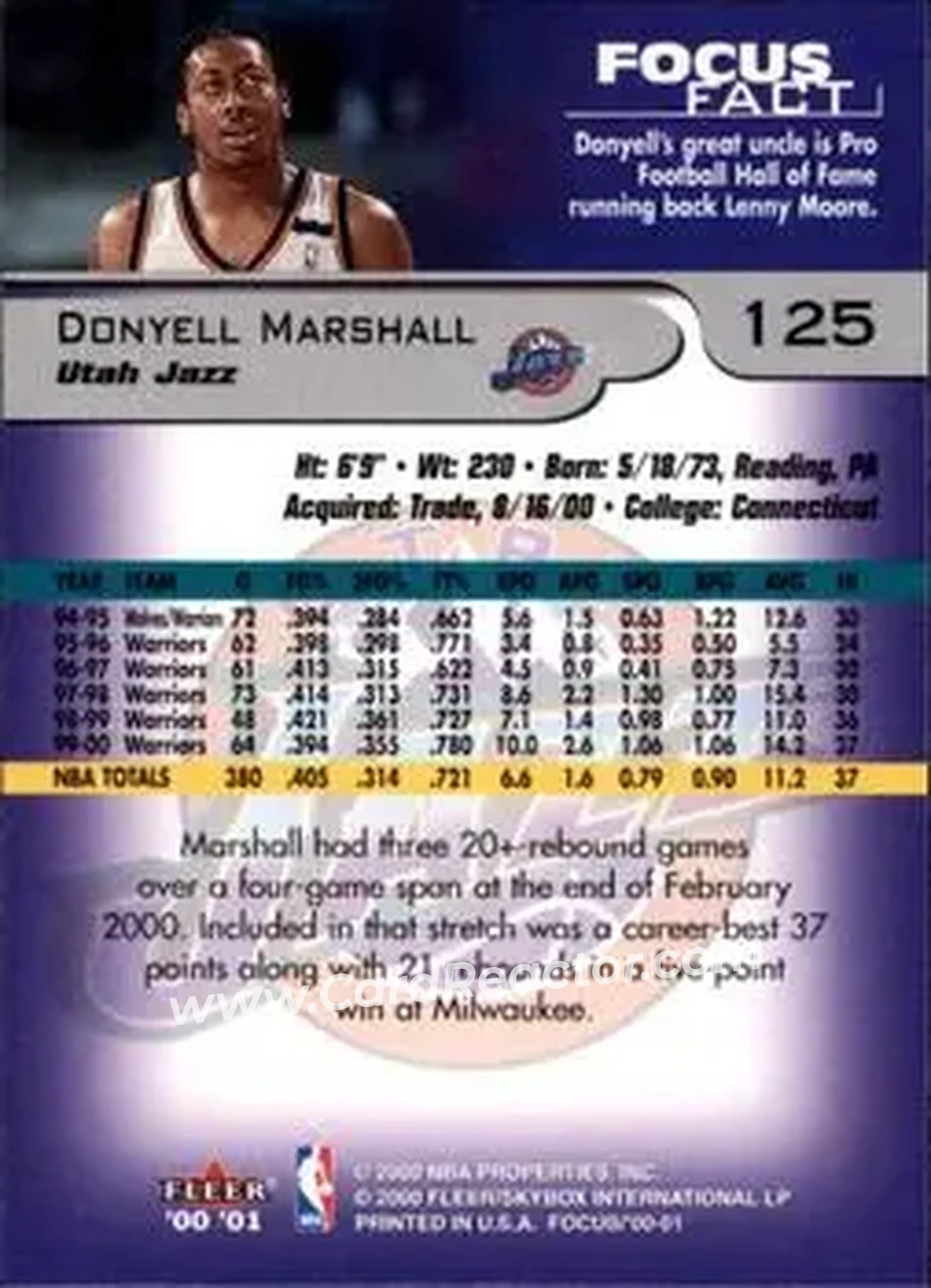2000-01 Fleer Focus #125 - Donyell Marshall - Utah Jazz - Back