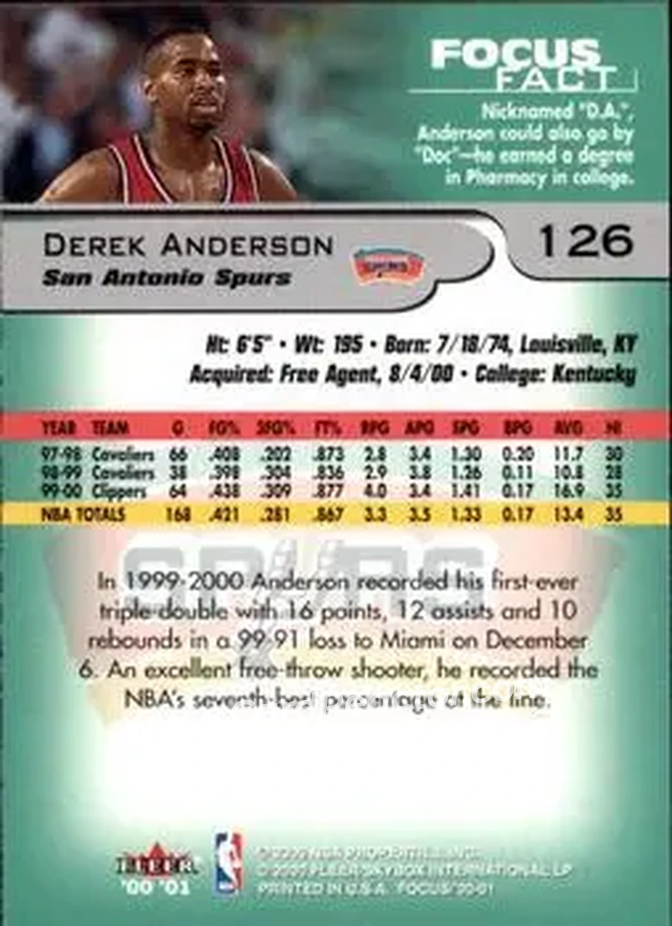 2000-01 Fleer Focus #126 - Derek Anderson - San Antonio Spurs - Back