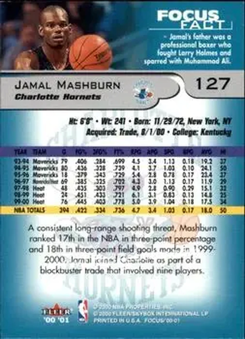 2000-01 Fleer Focus #127 - Jamal Mashburn - Charlotte Hornets - Back