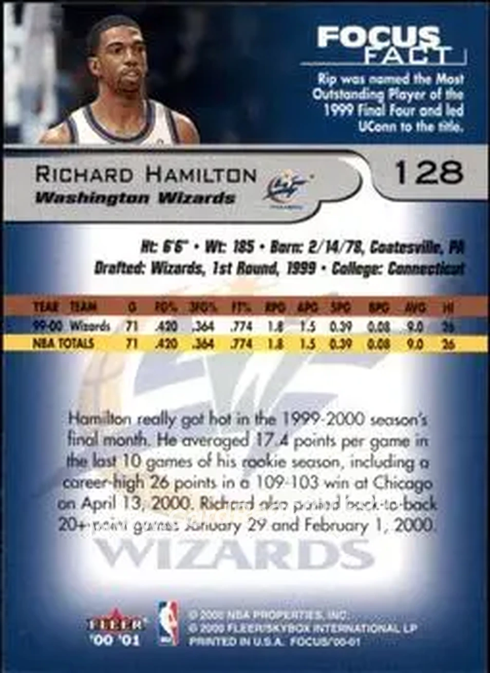 2000-01 Fleer Focus #128 - Rip Hamilton - Washington Wizards - Back