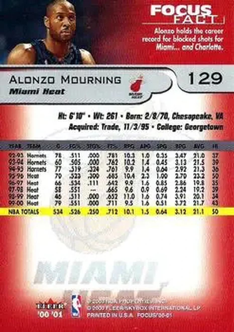 2000-01 Fleer Focus #129 - Alonzo Mourning - Miami Heat - Back
