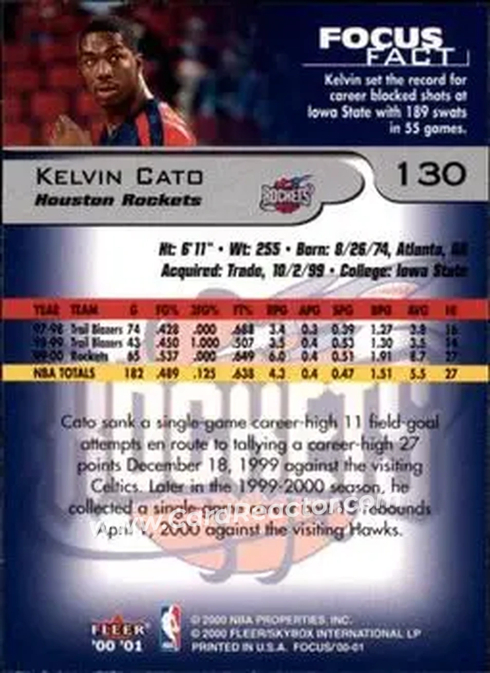 2000-01 Fleer Focus #130 - Kelvin Cato - Houston Rockets - Back