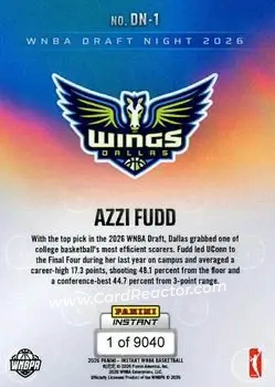 2026 Panini Instant WNBA Draft Night #DN-01 - Azzi Fudd - Dallas Wings - Back