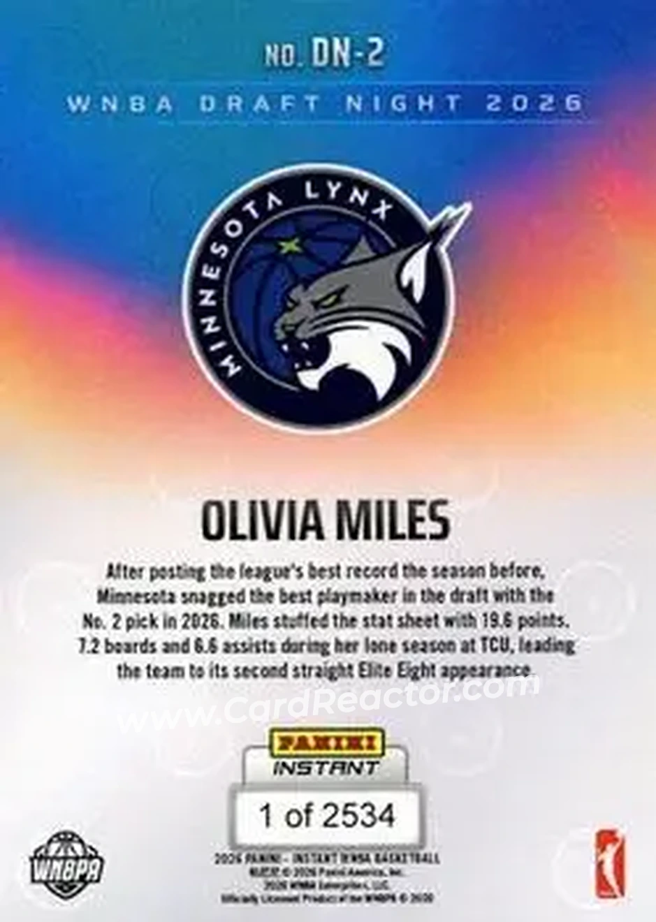 2026 Panini Instant WNBA Draft Night #DN-02 - Olivia Miles - Minnesota Lynx - Back 2026 Panini Instant WNBA Draft Night #DN-02 - Olivia Miles - Minnesota Lynx - Back