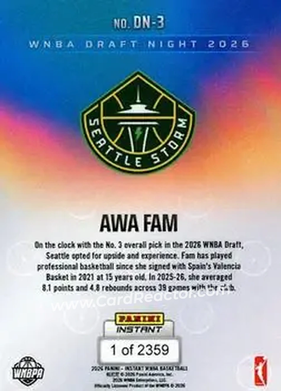 2026 Panini Instant WNBA Draft Night #DN-03 - Awa Fam - Seattle Storm - Back