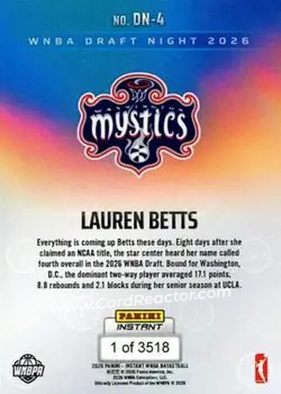 2026 Panini Instant WNBA Draft Night #DN-04 - Lauren Betts - Washington Mystics - Back