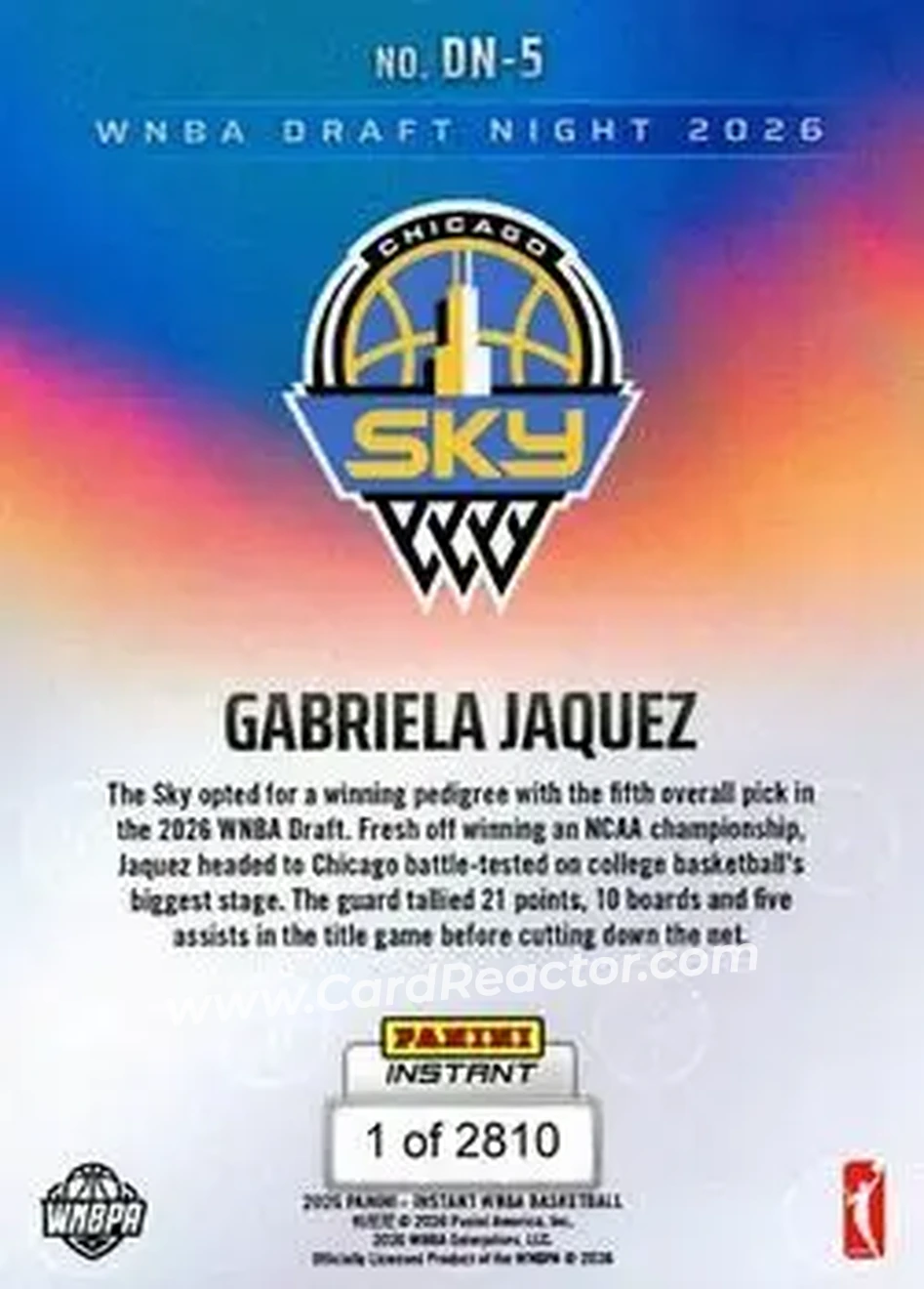 2026 Panini Instant WNBA Draft Night #DN-05 - Gabriela Jaquez - Chicago Sky - Back