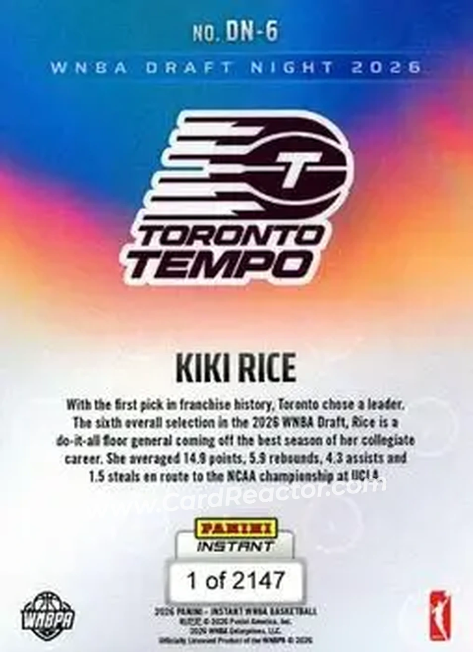 2026 Panini Instant WNBA Draft Night #DN-06 - Kiki Rice - Toronto Tempo - Back 2026 Panini Instant WNBA Draft Night #DN-06 - Kiki Rice - Toronto Tempo - Back