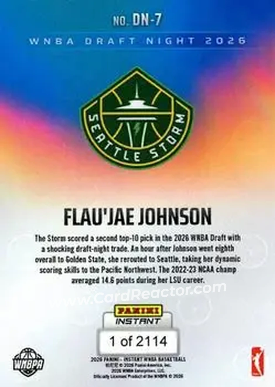 2026 Panini Instant WNBA Draft Night #DN-07 - Flau’jae Johnson - Seattle Storm - Back