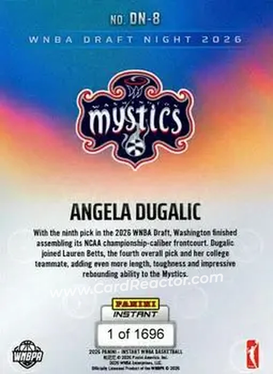 2026 Panini Instant WNBA Draft Night #DN-08 - Angela Dugalic - Washington Mystics - Back