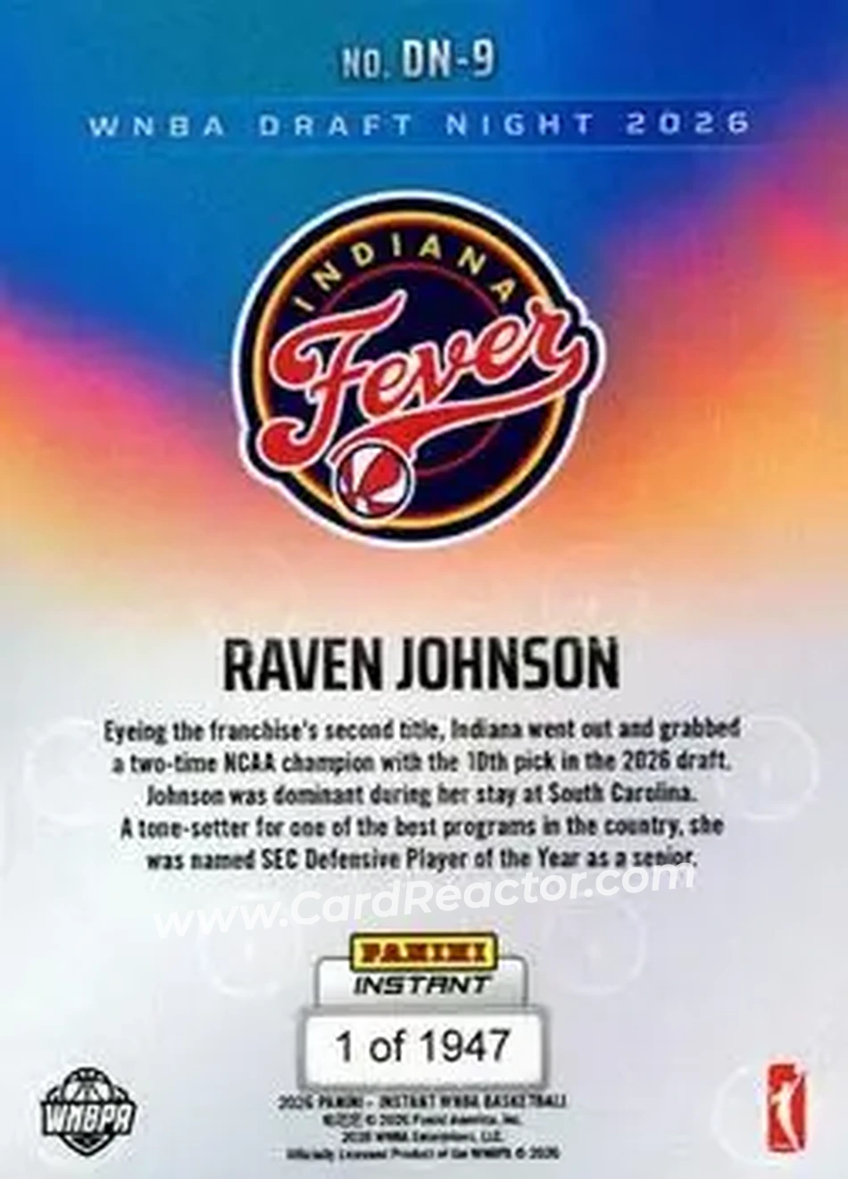 2026 Panini Instant WNBA Draft Night #DN-09 - Raven Johnson - Indiana Fever - Back 2026 Panini Instant WNBA Draft Night #DN-09 - Raven Johnson - Indiana Fever - Back