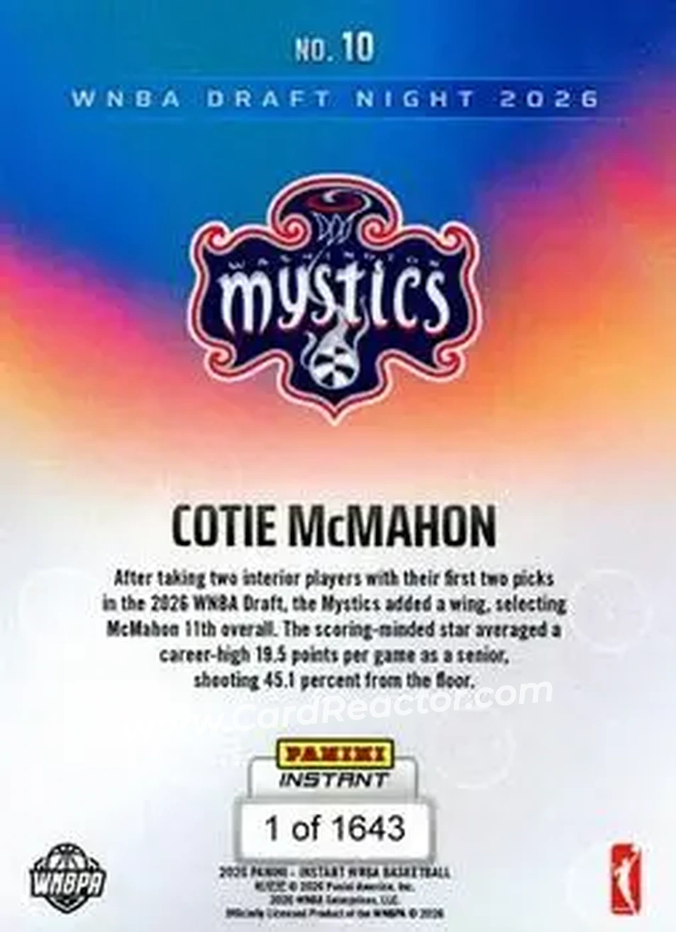 2026 Panini Instant WNBA Draft Night #DN-10 - Cotie McMahon - Washington Mystics - Back