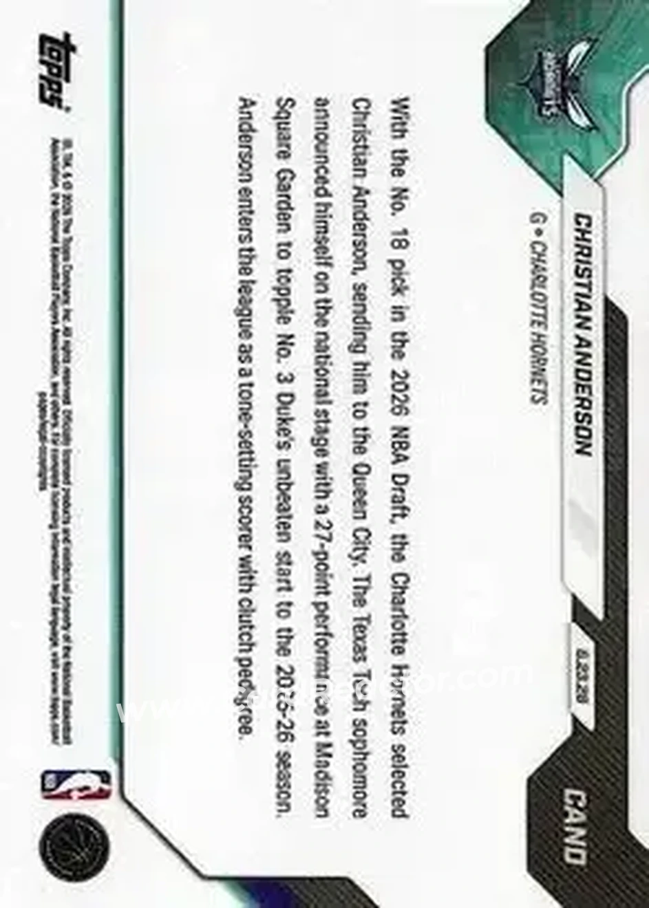 2026-27 Topps Now NBA Draft #CAND - Christian Anderson - Charlotte Hornets - Back