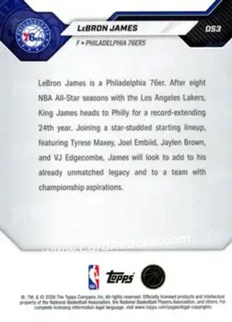 2026-27 Topps Now Off-Season #OS03 - LeBron James - Philadelphia 76ers - Back