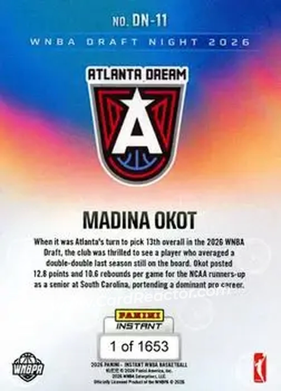 2026 Panini Instant WNBA Draft Night #DN-11 - Madina Okot - Atlanta Dream - Back
