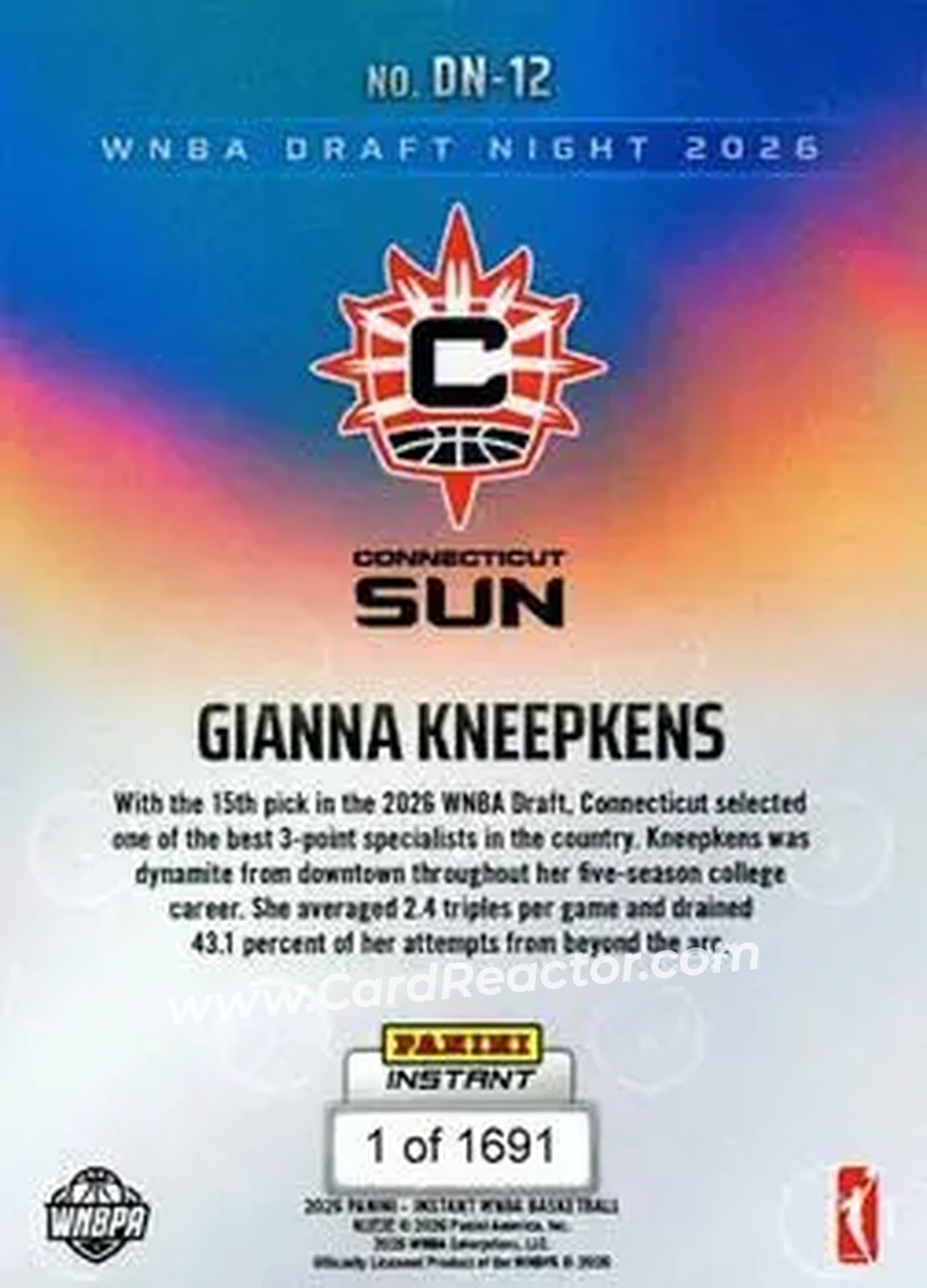 2026 Panini Instant WNBA Draft Night #DN-12 - Gianna Kneepkens - Connecticut Sun - Back
