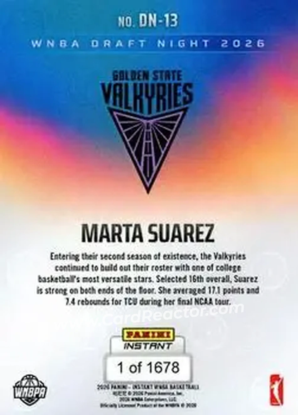 2026 Panini Instant WNBA Draft Night #DN-13 - Marta Suarez - Golden State Valkyries - Back