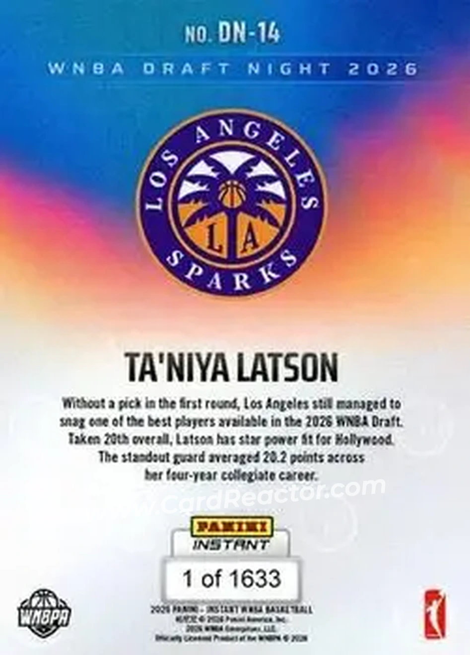 2026 Panini Instant WNBA Draft Night #DN-14 - Ta'Niya Latson - Los Angeles Sparks - Back