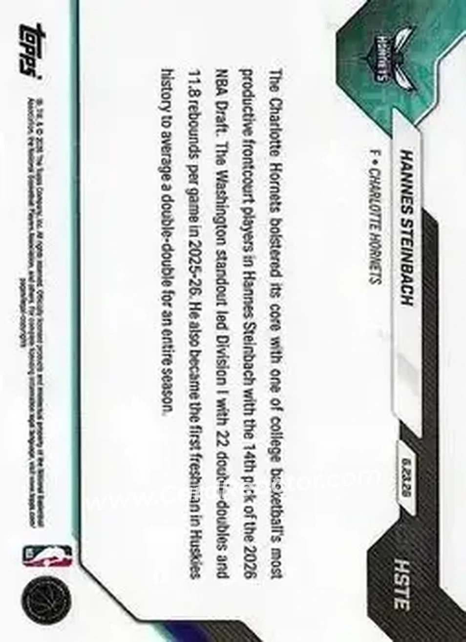 2026-27 Topps Now NBA Draft #HSTE - Hannes Steinbach - Charlotte Hornets - Back