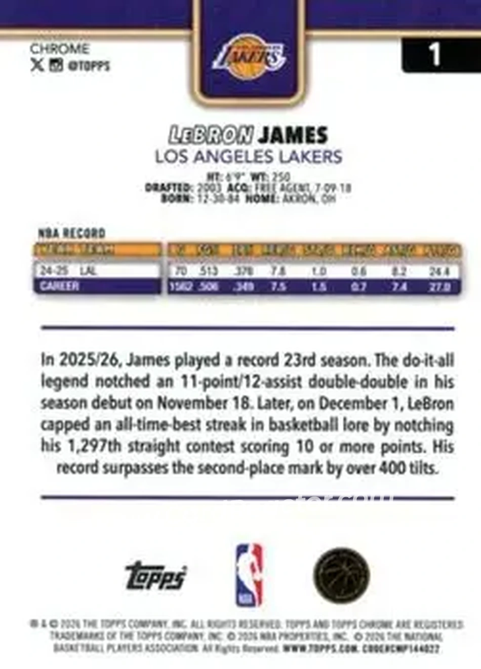 2025-26 Topps Chrome Update #1 - LeBron James - Los Angeles Lakers - Back