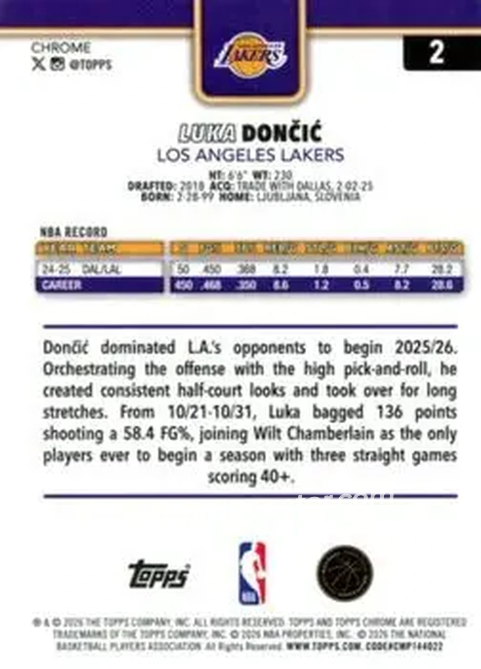 2025-26 Topps Chrome Update #2 - Luka Dončić - Los Angeles Lakers - Back