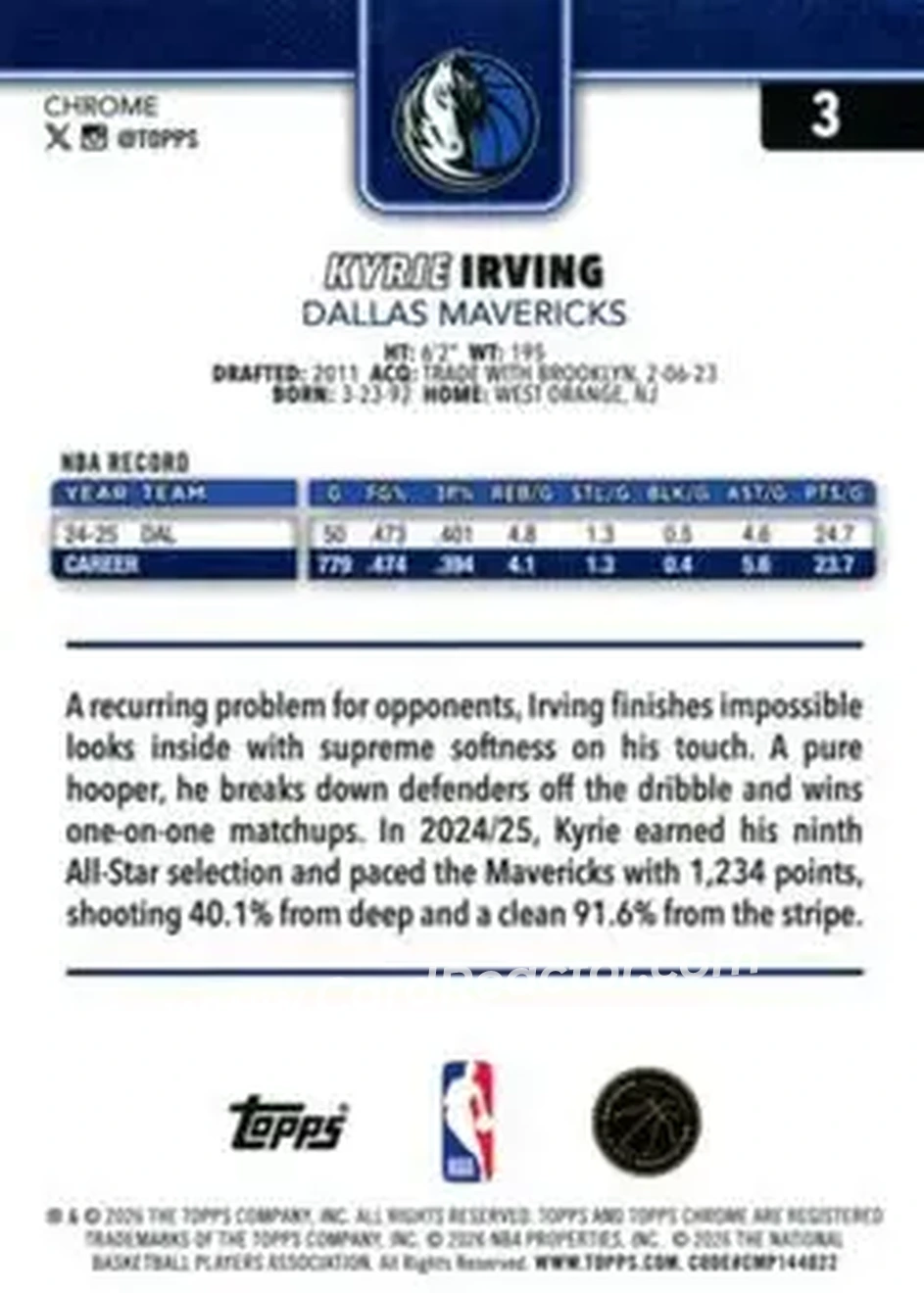 2025-26 Topps Chrome Update #3 - Kyrie Irving - Dallas Mavericks - Back 2025-26 Topps Chrome Update #3 - Kyrie Irving - Dallas Mavericks - Back