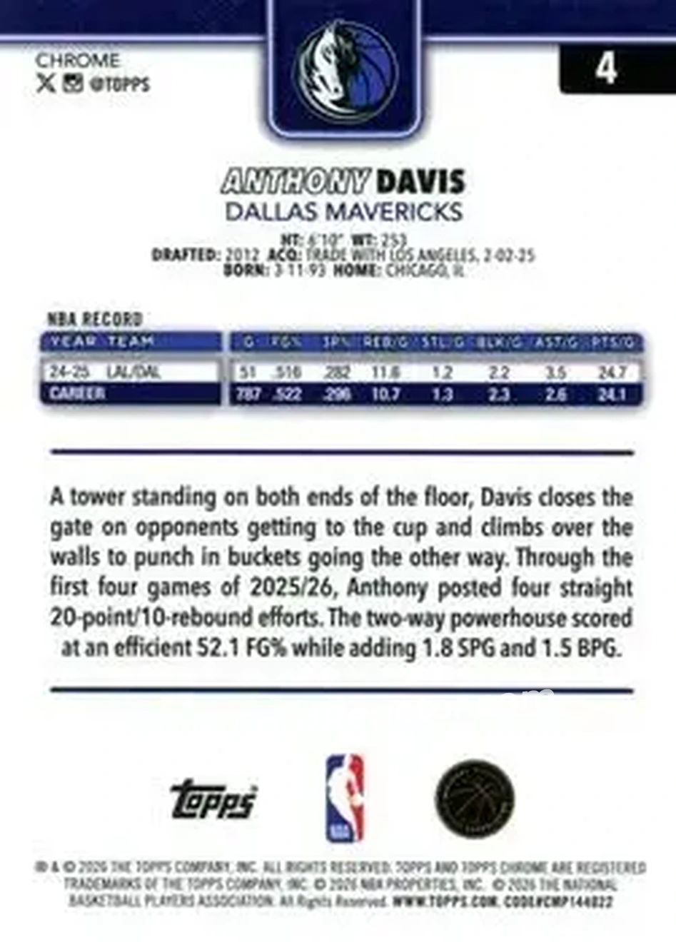 2025-26 Topps Chrome Update #4 - Anthony Davis - Dallas Mavericks - Back