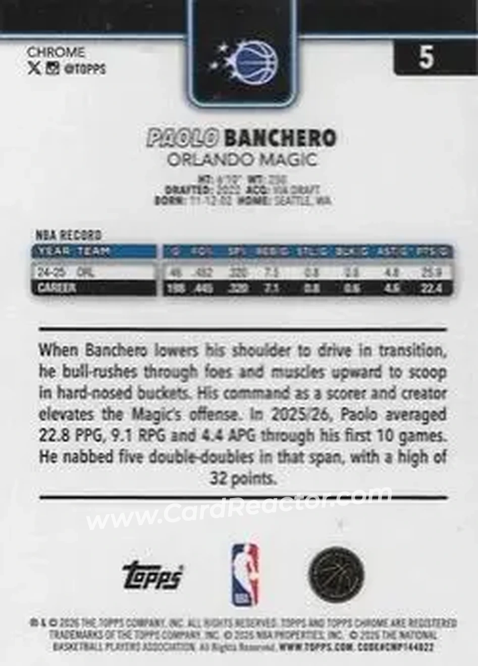 2025-26 Topps Chrome Update #5 - Paolo Banchero - Orlando Magic - Back 2025-26 Topps Chrome Update #5 - Paolo Banchero - Orlando Magic - Back