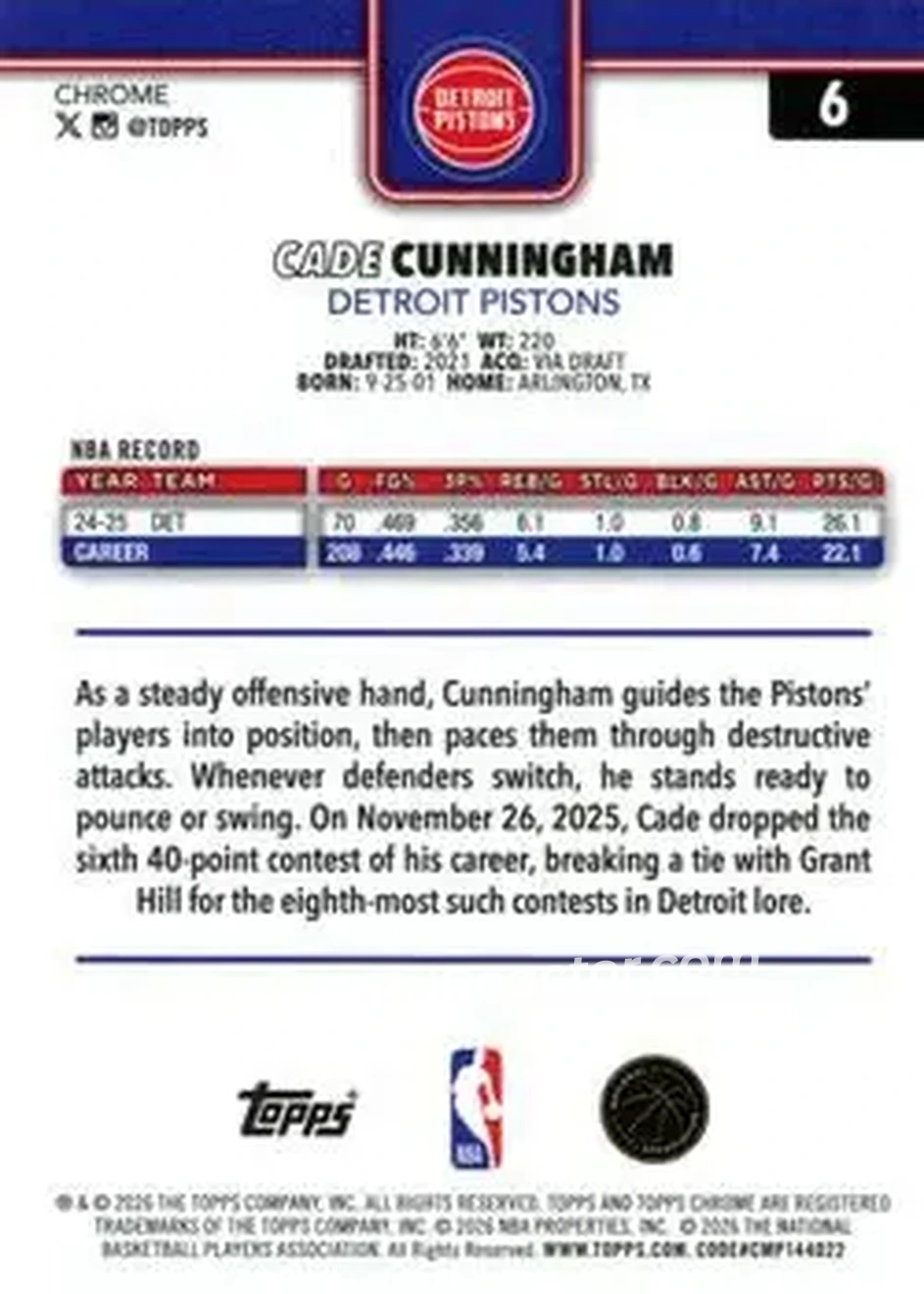 2025-26 Topps Chrome Update #6 - Cade Cunningham - Detroit Pistons - Back