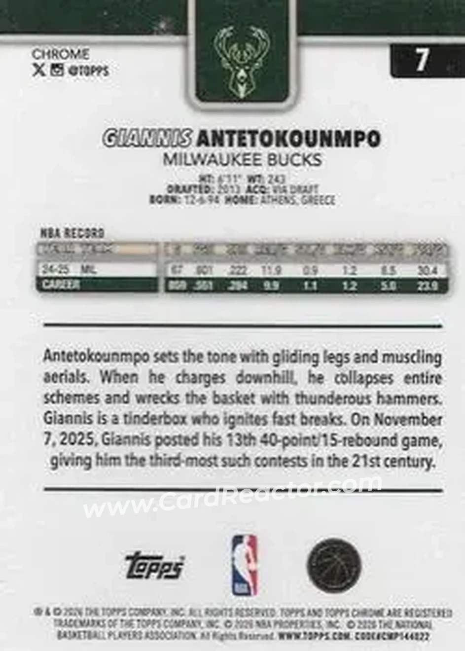 2025-26 Topps Chrome Update #7 - Giannis Antetokounmpo - Milwaukee Bucks - Back