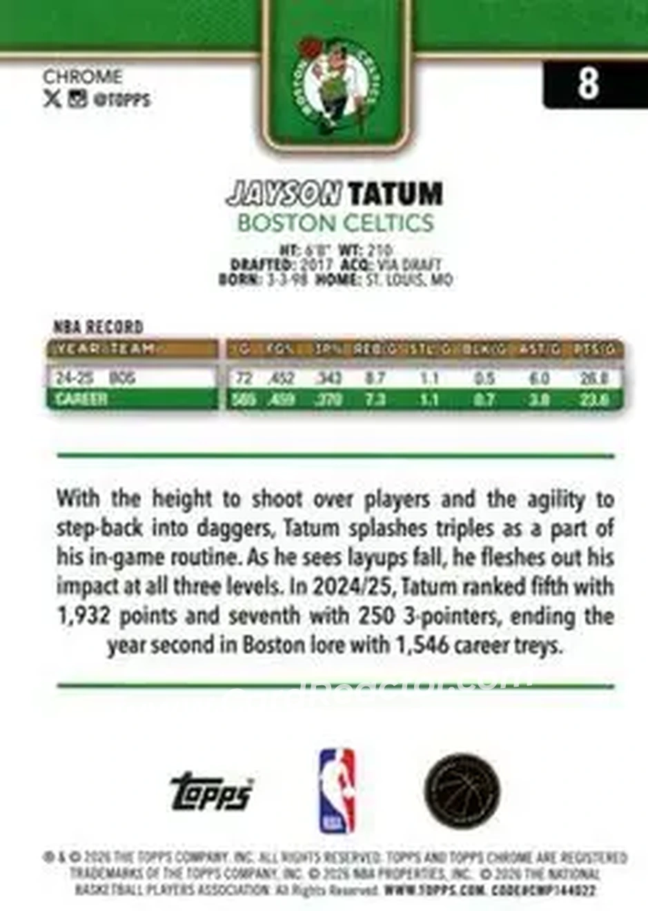 2025-26 Topps Chrome Update #8 - Jayson Tatum - Boston Celtics - Back 2025-26 Topps Chrome Update #8 - Jayson Tatum - Boston Celtics - Back