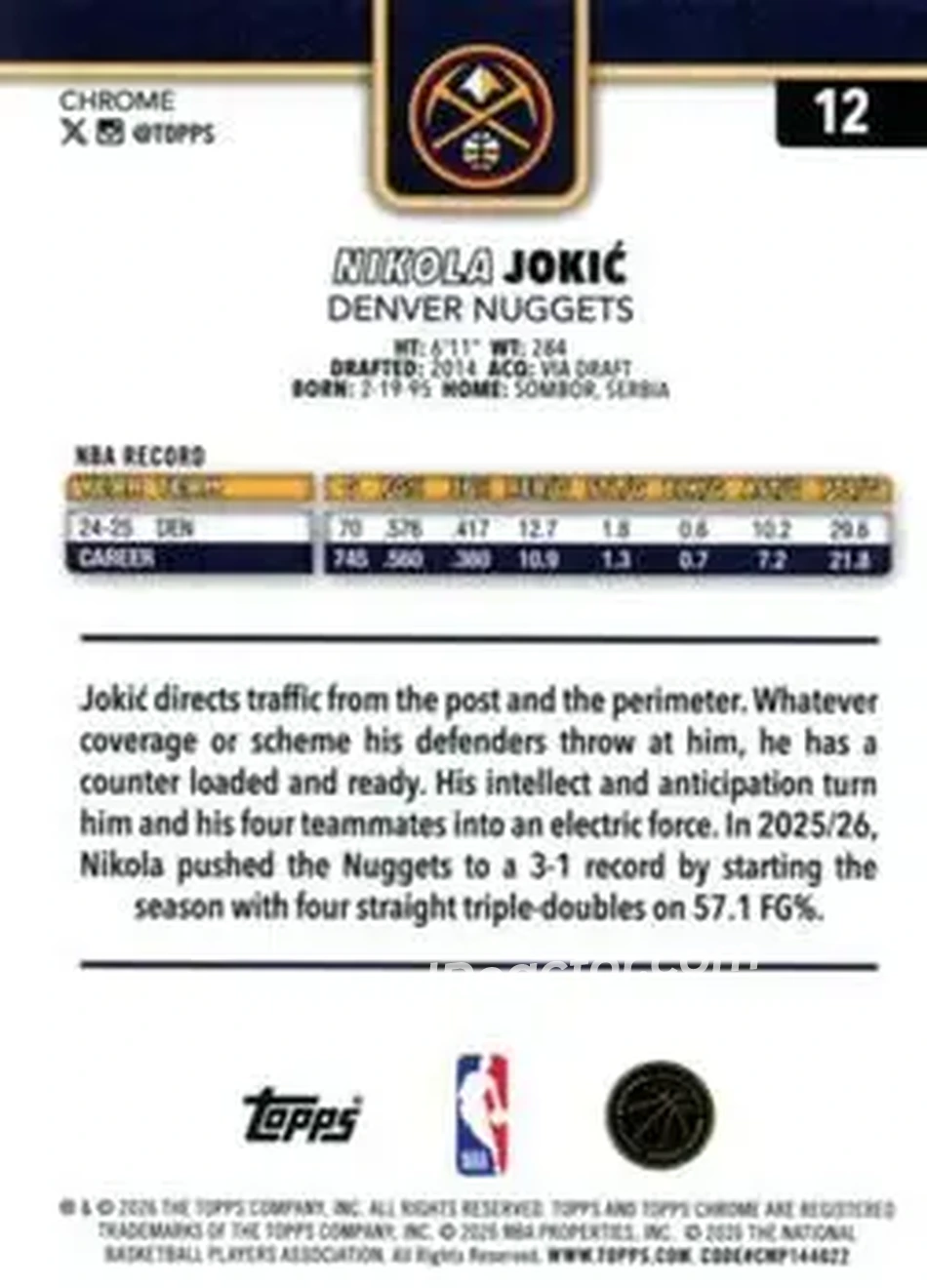 2025-26 Topps Chrome Update #12 - Nikola Jokić - Denver Nuggets - Back 2025-26 Topps Chrome Update #12 - Nikola Jokić - Denver Nuggets - Back