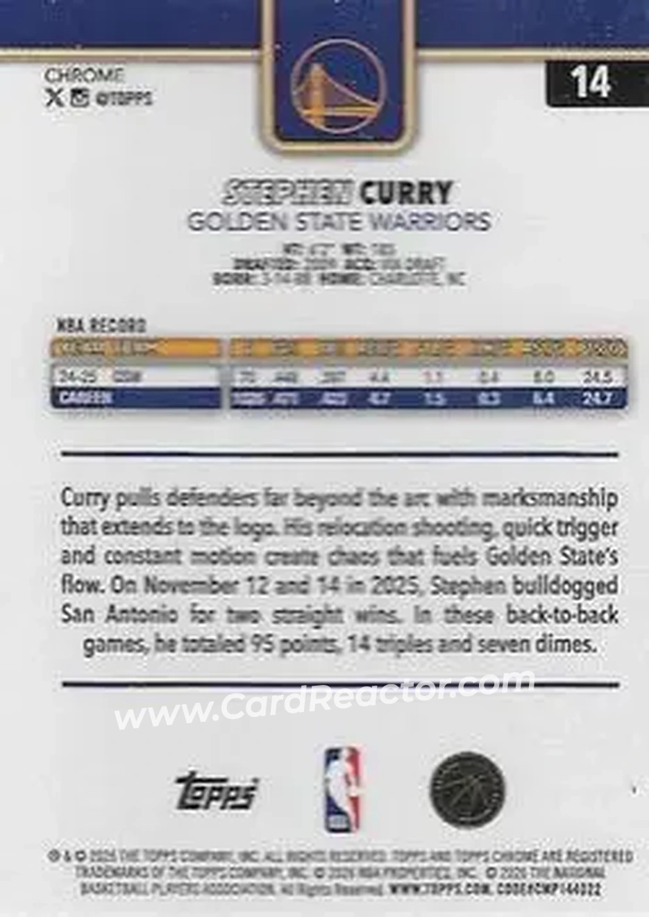 2025-26 Topps Chrome Update #14 - Stephen Curry - Golden State Warriors - Back 2025-26 Topps Chrome Update #14 - Stephen Curry - Golden State Warriors - Back