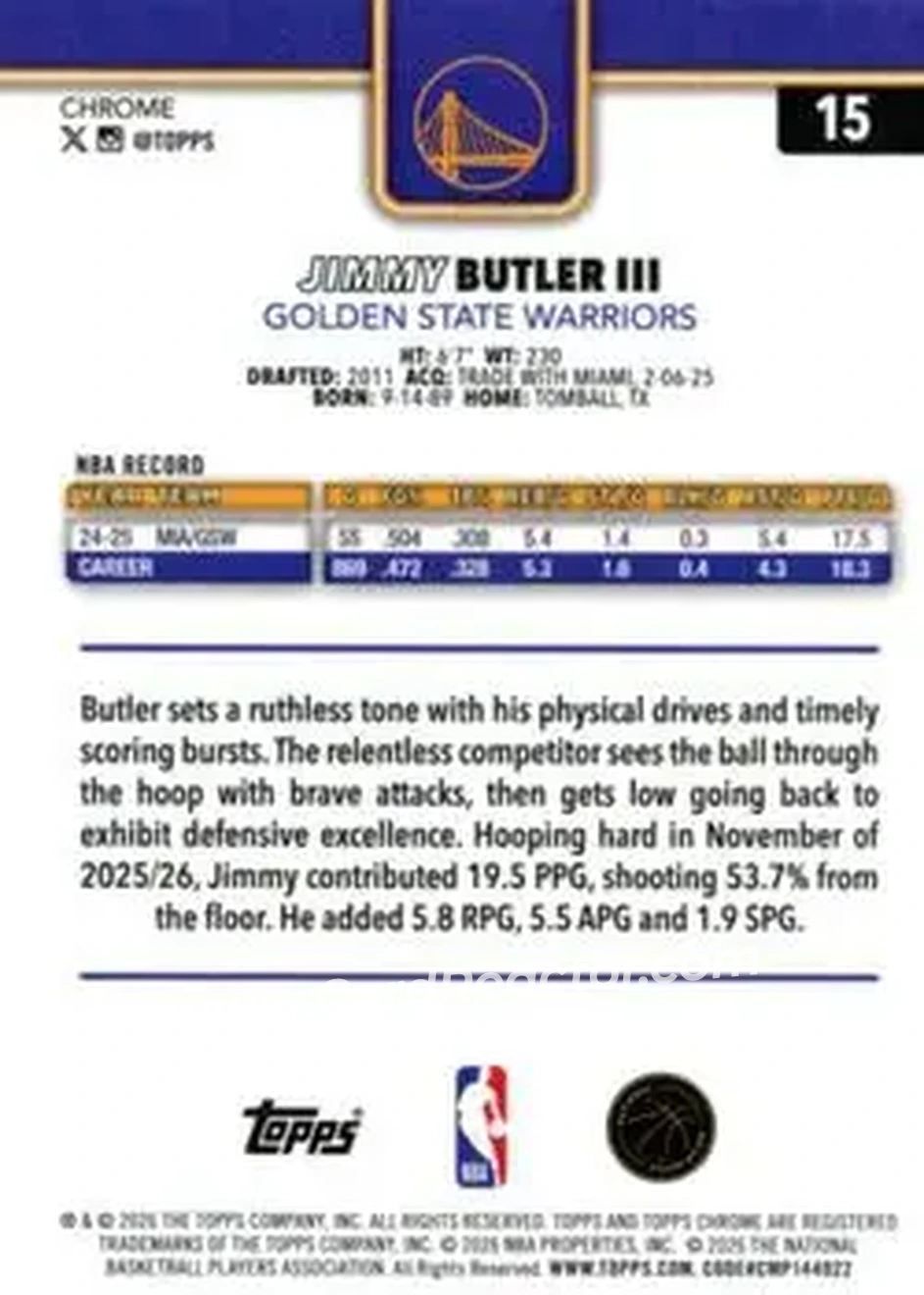 2025-26 Topps Chrome Update #15 - Jimmy Butler - Golden State Warriors - Back