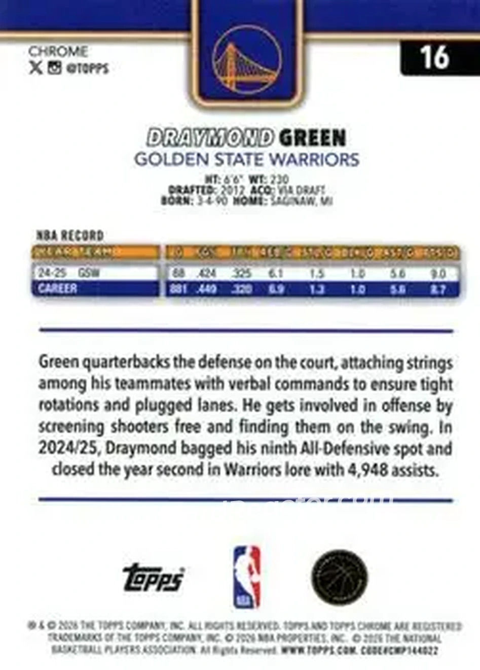 2025-26 Topps Chrome Update #16 - Draymond Green - Golden State Warriors - Back